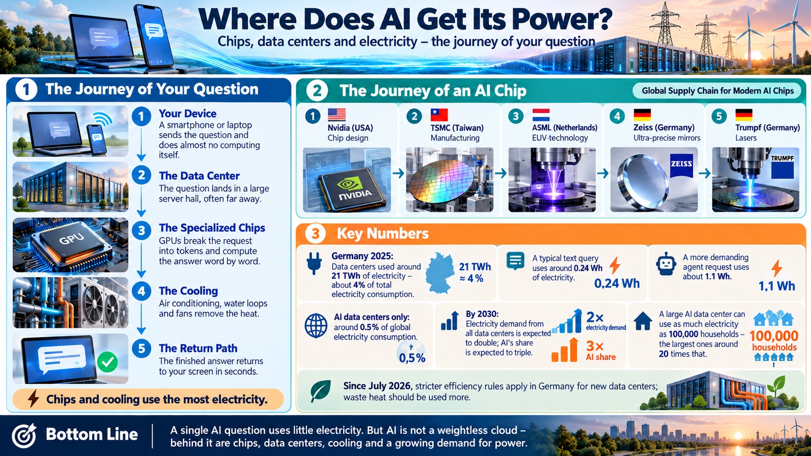 Graphic: the path of an AI request from smartphone via chips and data center to electricity demand