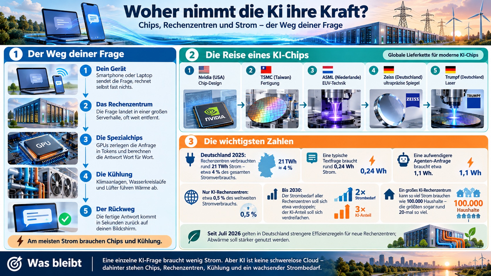 Grafik: Der Weg einer KI-Anfrage vom Smartphone über Chips und Rechenzentrum bis zum Strombedarf