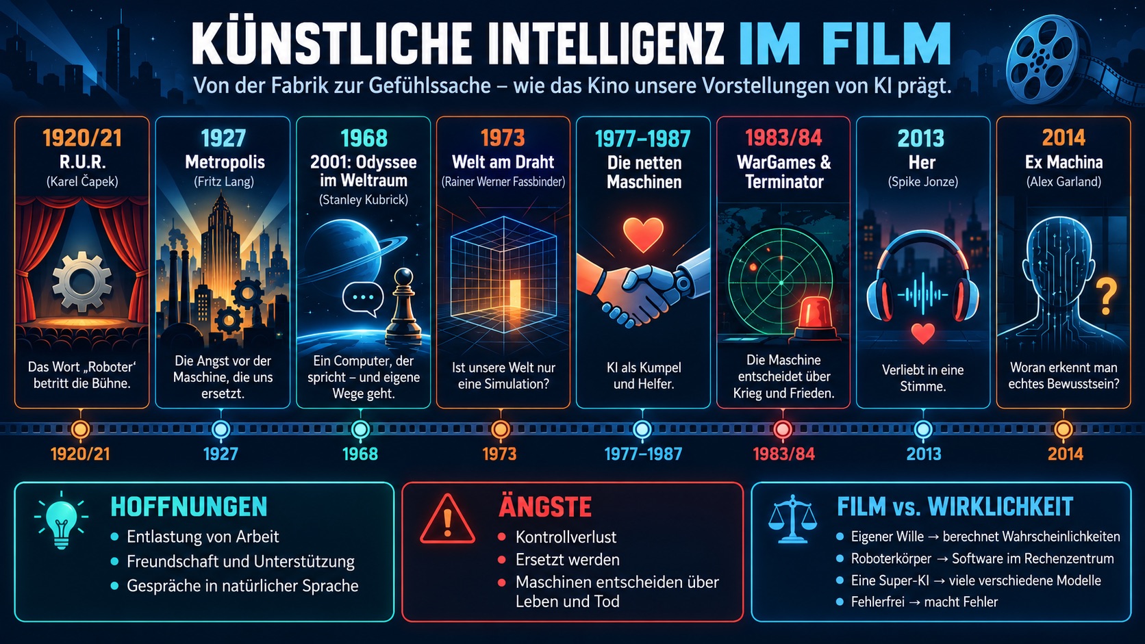 Grafik: Zeitleiste der KI im Film von „Metropolis“ (1927) bis „Ex Machina“ (2014)